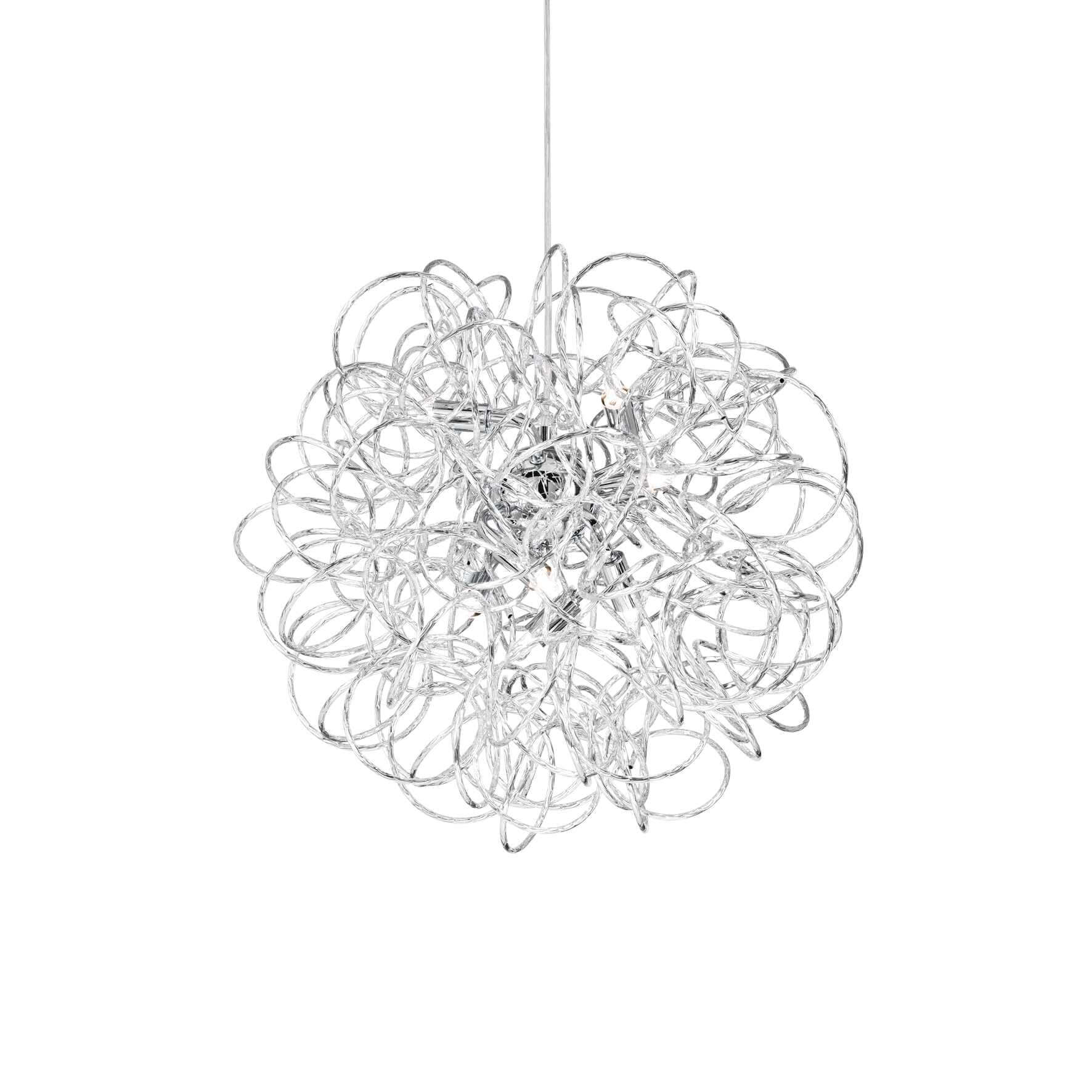 Silver aluminum handcrafted Ideallux Dust pendant light with adjustable height and dimmable feature, G9 sockets, 230V.