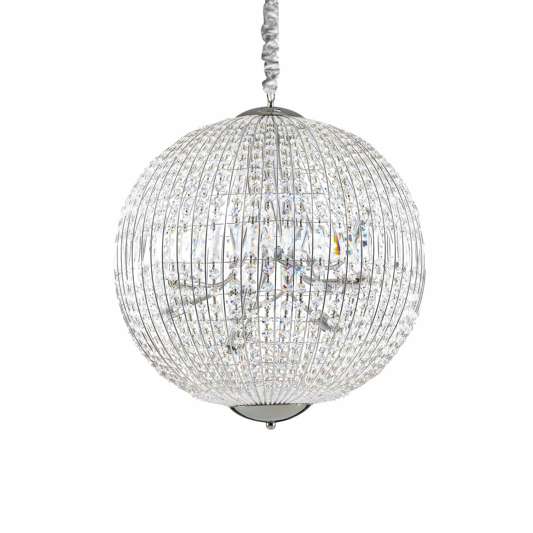 Ideallux Pendelleuchte LUXOR 12-flammig, verchromtes Metall mit Kristall, Ø60cm, dimmbar, höhenverstellbar, G9 Sockel, 230V Betrieb.
