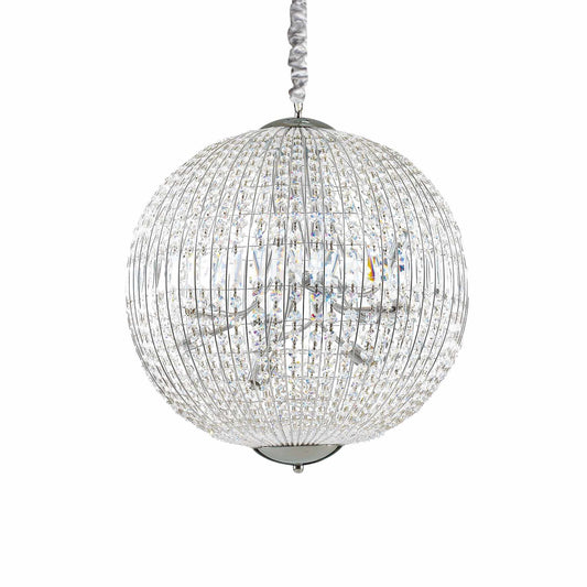 Ideallux Pendelleuchte LUXOR 12-flammig, verchromtes Metall mit Kristall, Ø60cm, dimmbar, höhenverstellbar, G9 Sockel, 230V Betrieb.