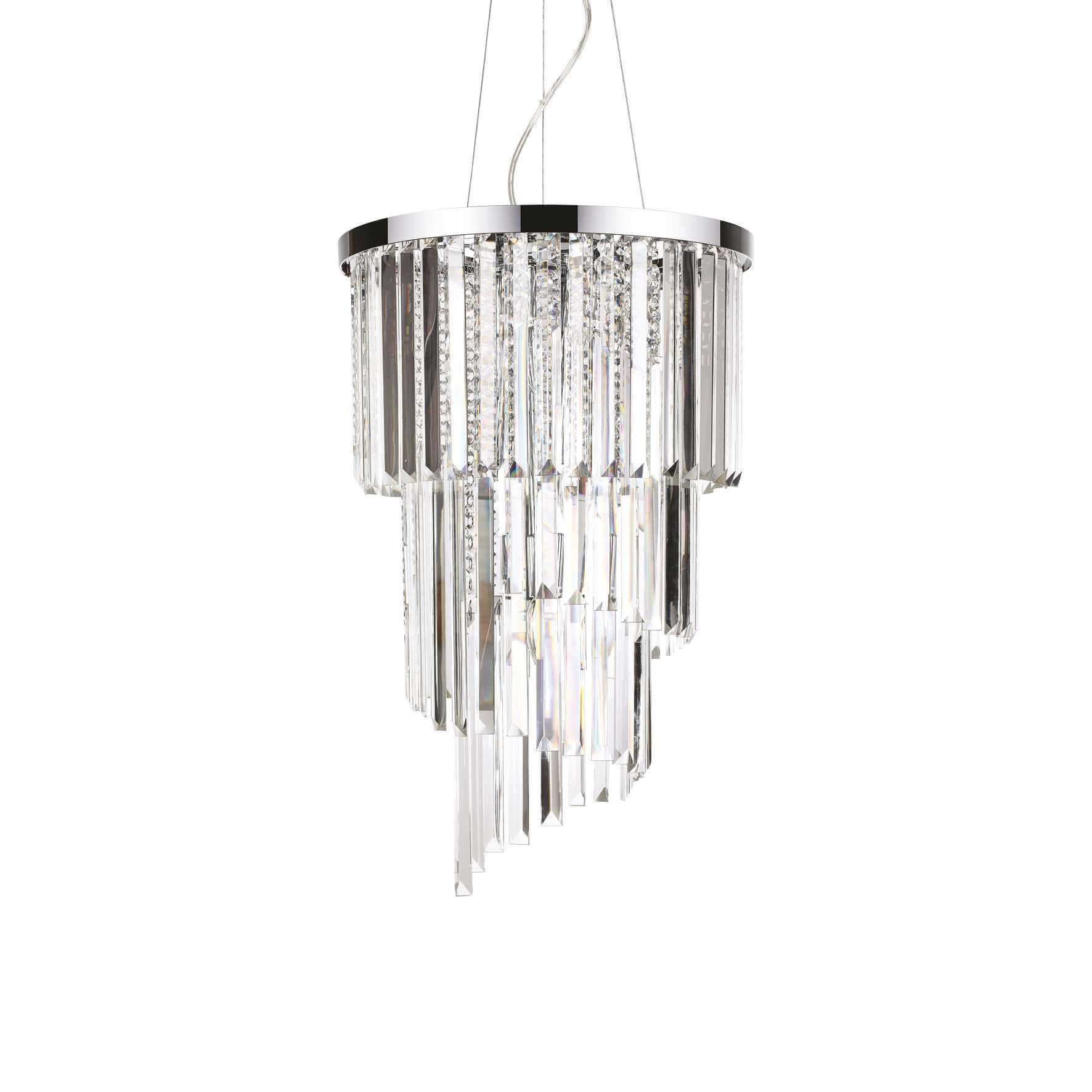 Ideallux Carlton silver pendant light with eight dimmable E14 bulbs, chrome metal frame, crystal rods, adjustable height.
