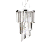 Ideallux Carlton silver pendant light with eight dimmable E14 bulbs, chrome metal frame, crystal rods, adjustable height.