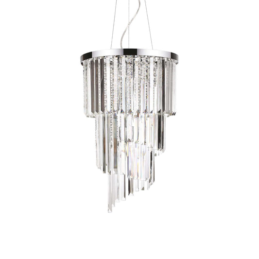 Ideallux Carlton silver pendant light with eight dimmable E14 bulbs, chrome metal frame, crystal rods, adjustable height.