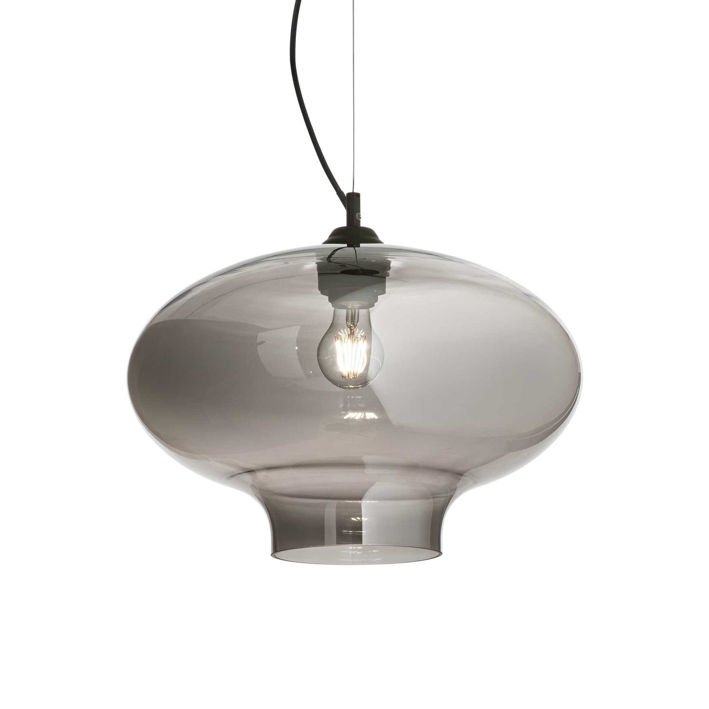 Ideallux Pendelleuchte Rund FUME with black metal frame and hand-blown glass diffuser in smoke color, adjustable height.