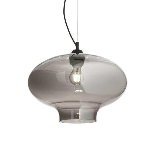 Ideallux Pendelleuchte Rund FUME with black metal frame and hand-blown glass diffuser in smoke color, adjustable height.