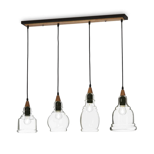 Ideallux GRETEL 4-flammig Pendelleuchte in Metall-Holz mit transparenten mundgeblasenen Glasschirmen, dimmbar, E27-Fassung, schwarz.