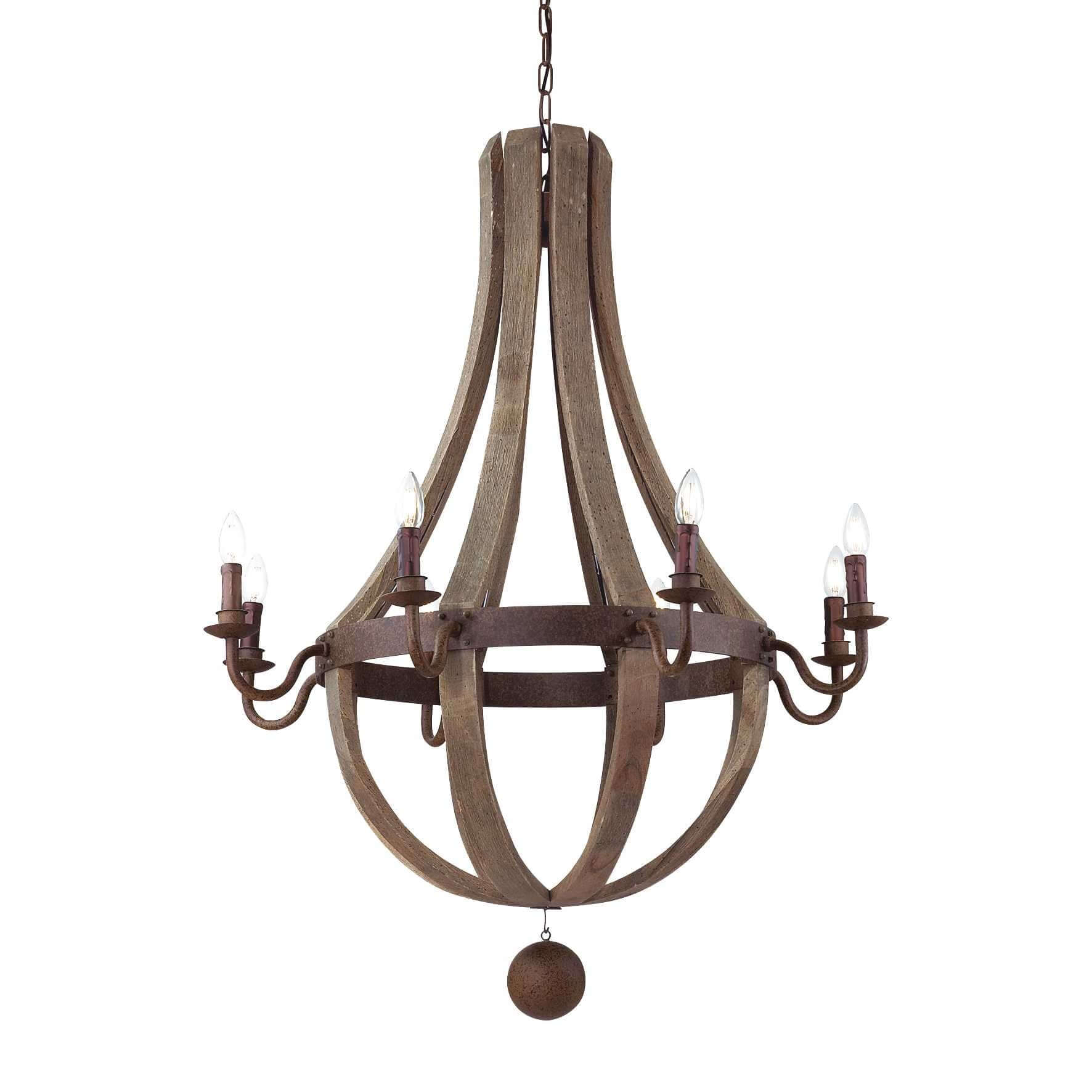 Ideallux Korblüster MILLENNIUM 8-flammig chandelier with rust-effect metal and wood, adjustable height, dimmable E14 sockets.