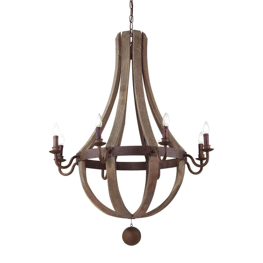 Ideallux Korblüster MILLENNIUM 8-flammig chandelier with rust-effect metal and wood, adjustable height, dimmable E14 sockets.