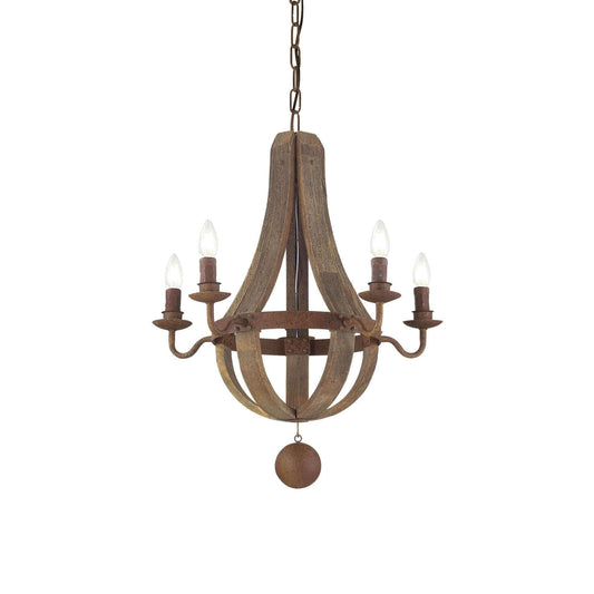 Ideallux Korblüster MILLENNIUM 5Flammig chandelier with rustic metal and wood design, adjustable height, 5 E14 sockets, dimmable.