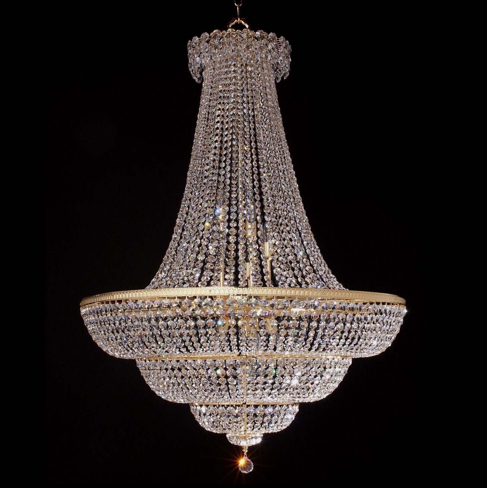 Große Kristall Hängeleuchte Korblüster mit Messing und Glas, Durchmesser 90cm, für Treppenhaus Galerie, dimmbar, E14 LED geeignet