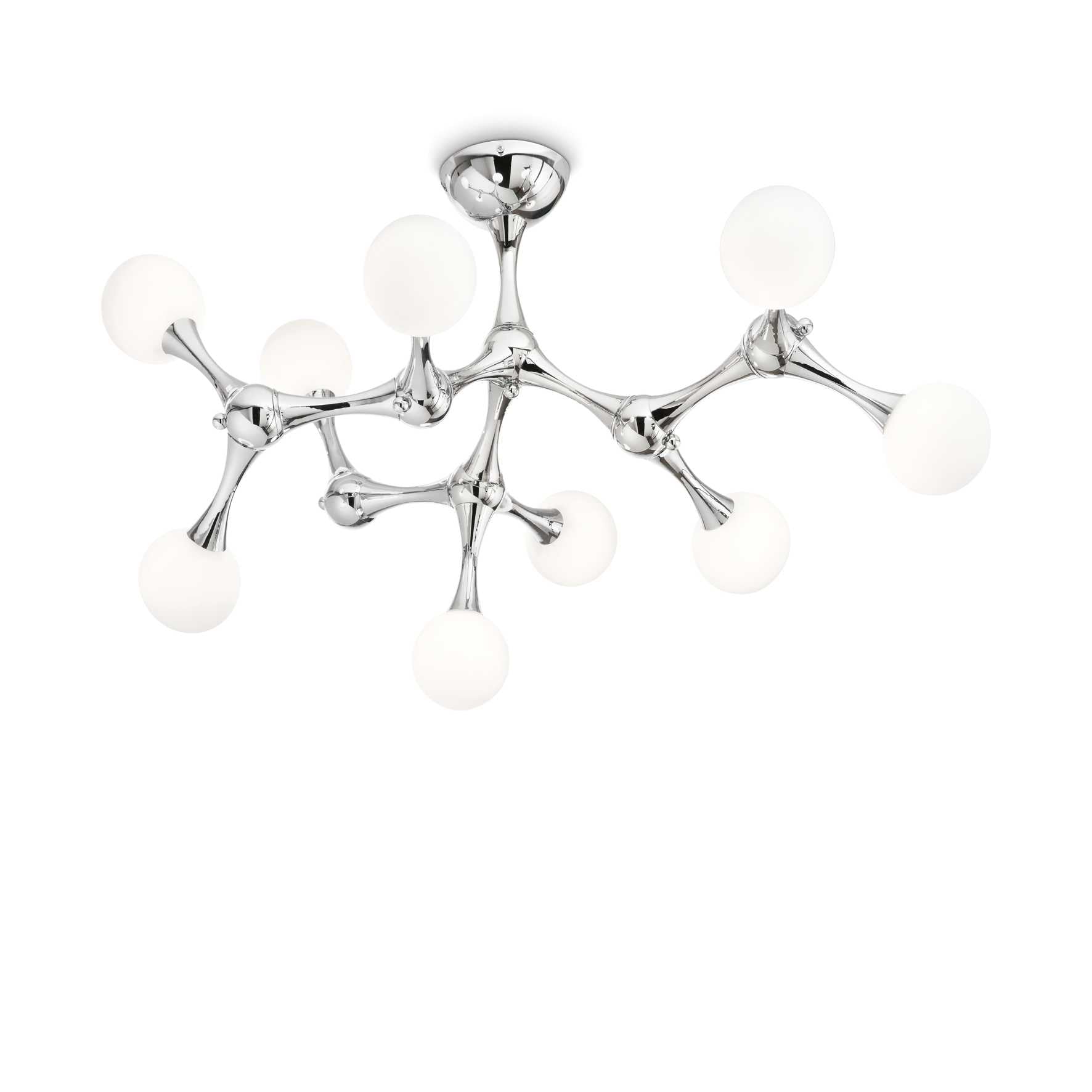 Ideallux Deckenleuchte NODINO, chrom-metal chandelier with 9 dimmable glass globes, ideal for modern interiors.