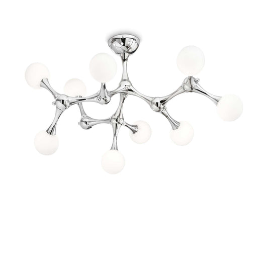 Ideallux Deckenleuchte NODINO, chrom-metal chandelier with 9 dimmable glass globes, ideal for modern interiors.