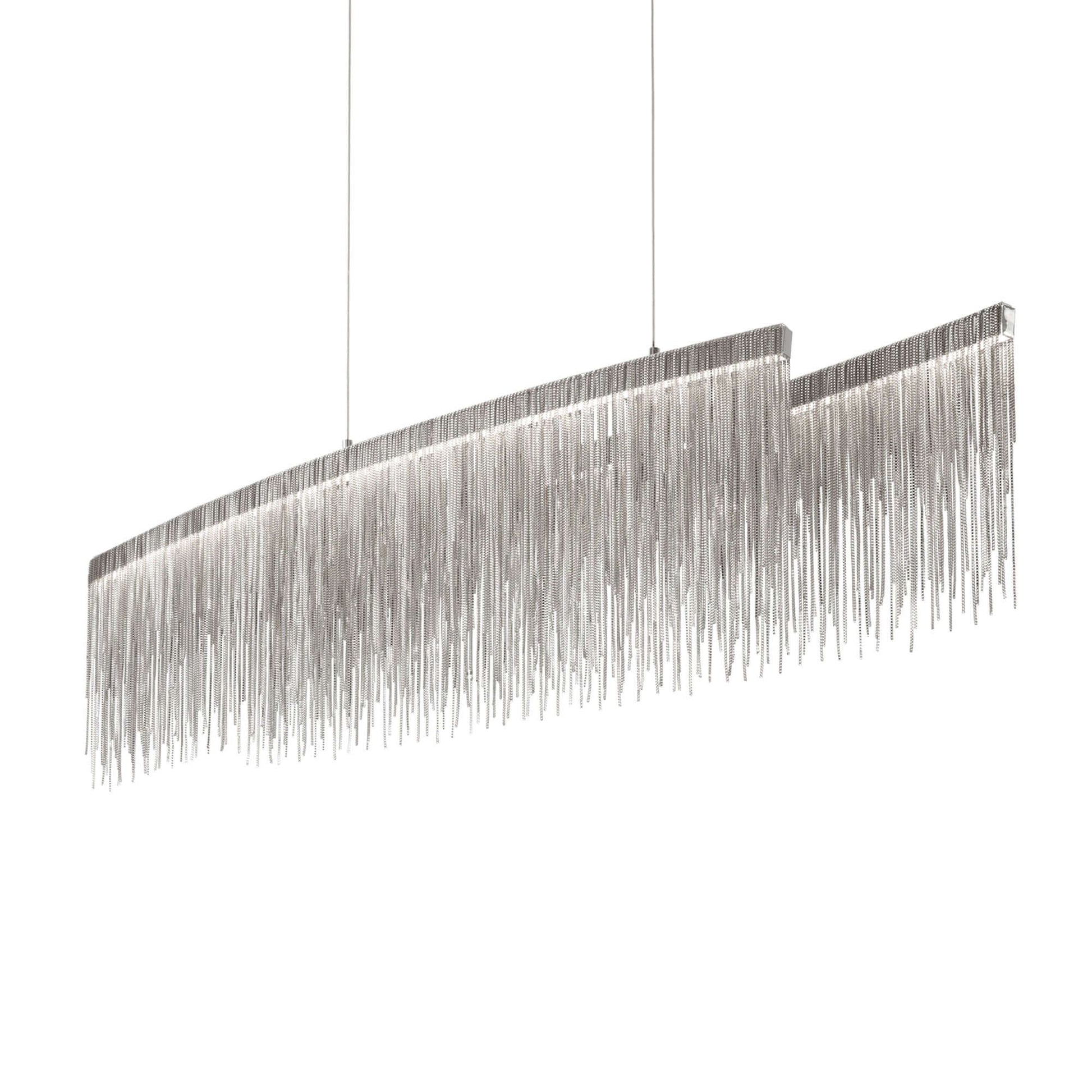 Moderne ovale Pendelleuchte Versus mit Chrom-Metallketten, dimmbar, höhenverstellbar, LED 3000K in stilvollem Design.