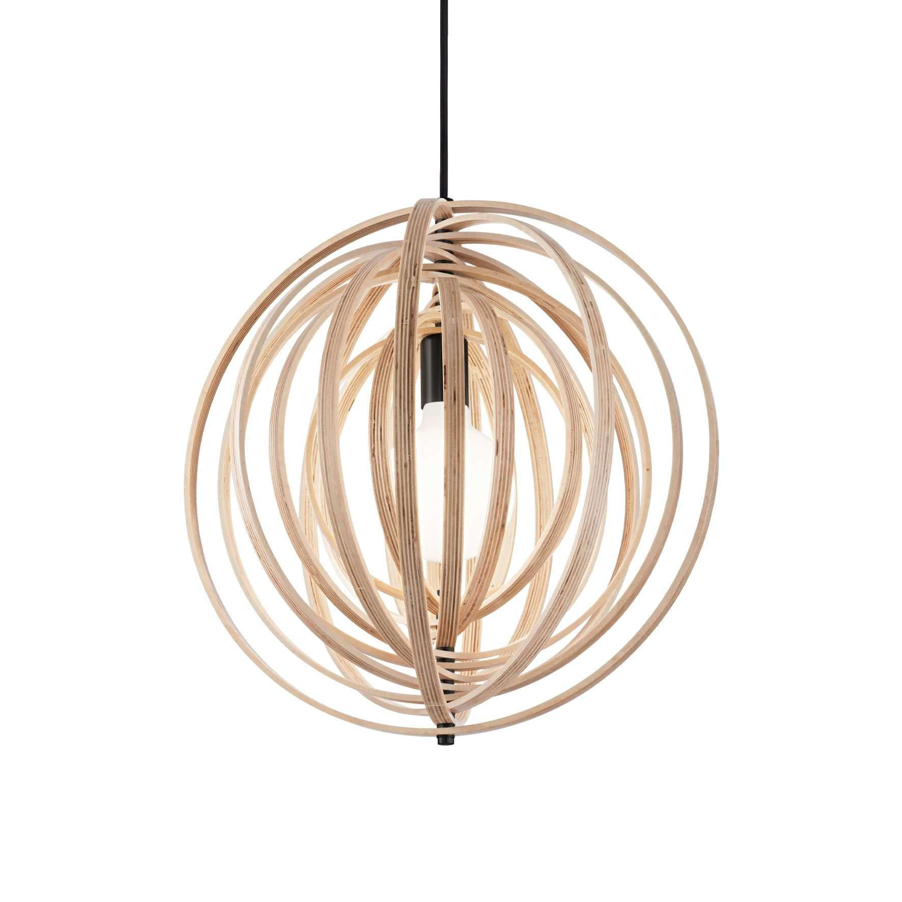 Ideallux Disco pendant light made of natural wood with adjustable height, featuring circular decorative elements and dimmable E27 bulb.