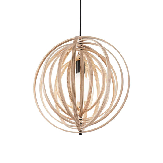 Ideallux Disco pendant light made of natural wood with adjustable height, featuring circular decorative elements and dimmable E27 bulb.