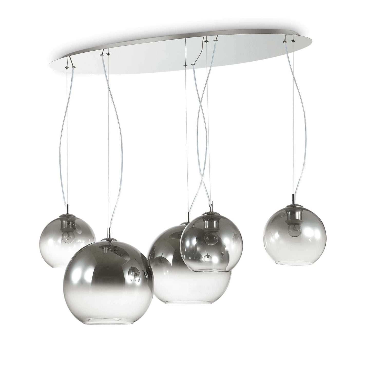 Ideallux Pendelleuchte NEMO PLUS 5, dimmable glass and metal chandelier with chrome finish for modern interiors.