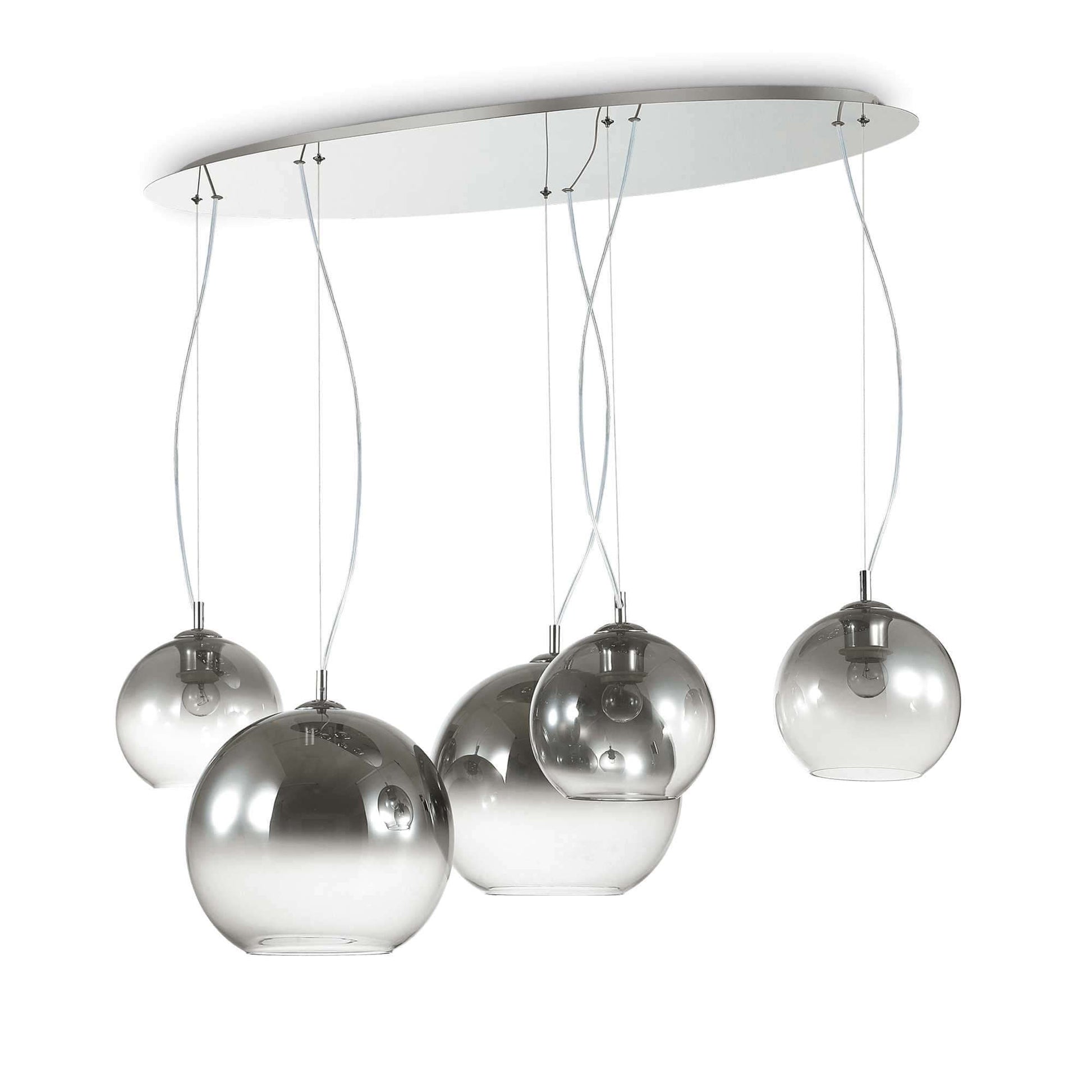 Ideallux Pendelleuchte NEMO PLUS 5, dimmable glass and metal chandelier with chrome finish for modern interiors.