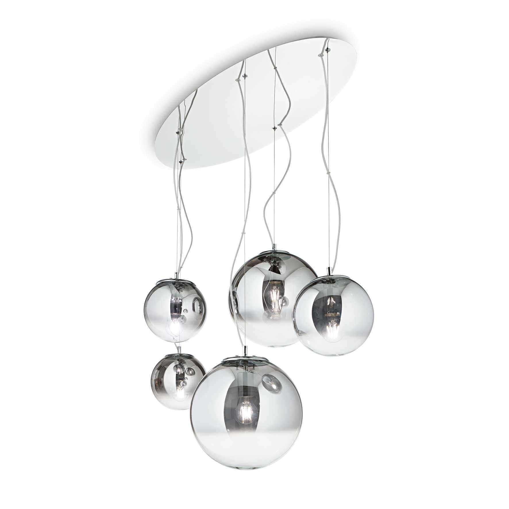 Ideallux MAPA FADE 5 pendant light with chrome metal and glass spheres, adjustable height, dimmable, E27 socket, modern design lighting fixture.