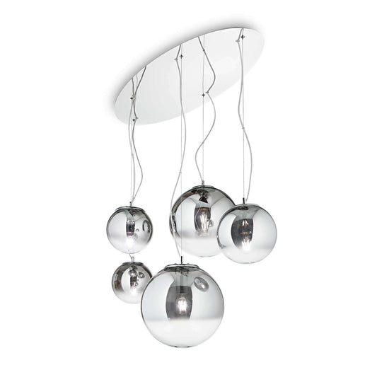 Ideallux MAPA FADE 5 pendant light with chrome metal and glass spheres, adjustable height, dimmable, E27 socket, modern design lighting fixture.