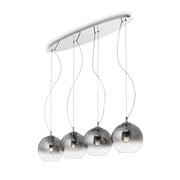 Ideallux Nemo Plus pendant lamp with four dimmable bulbs, chrome and blown glass design, adjustable steel cables.