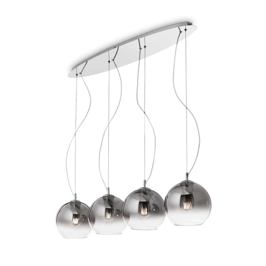 Ideallux Nemo Plus pendant lamp with four dimmable bulbs, chrome and blown glass design, adjustable steel cables.