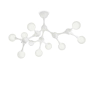Ideallux NODINO 5 white ceiling light with chrome metal frame and etched glass globes, dimmable, 9 G9 bulbs, Ø83cm, 47.5cm height.