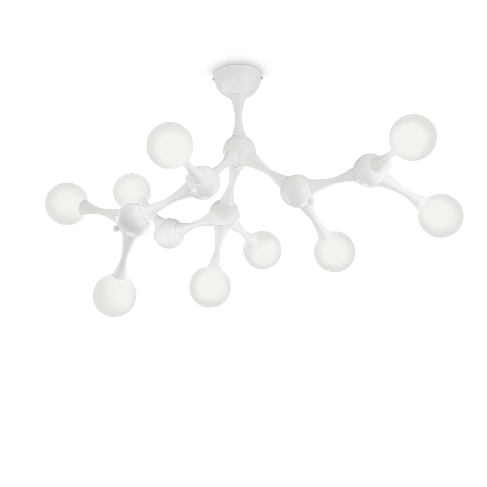 Ideallux NODINO 5 white ceiling light with chrome metal frame and etched glass globes, dimmable, 9 G9 bulbs, Ø83cm, 47.5cm height.
