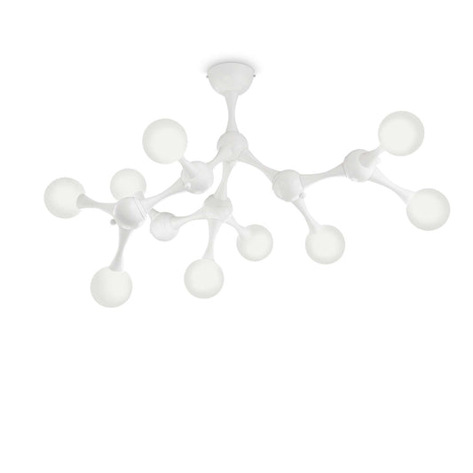 Ideallux NODINO 5 white ceiling light with chrome metal frame and etched glass globes, dimmable, 9 G9 bulbs, Ø83cm, 47.5cm height.