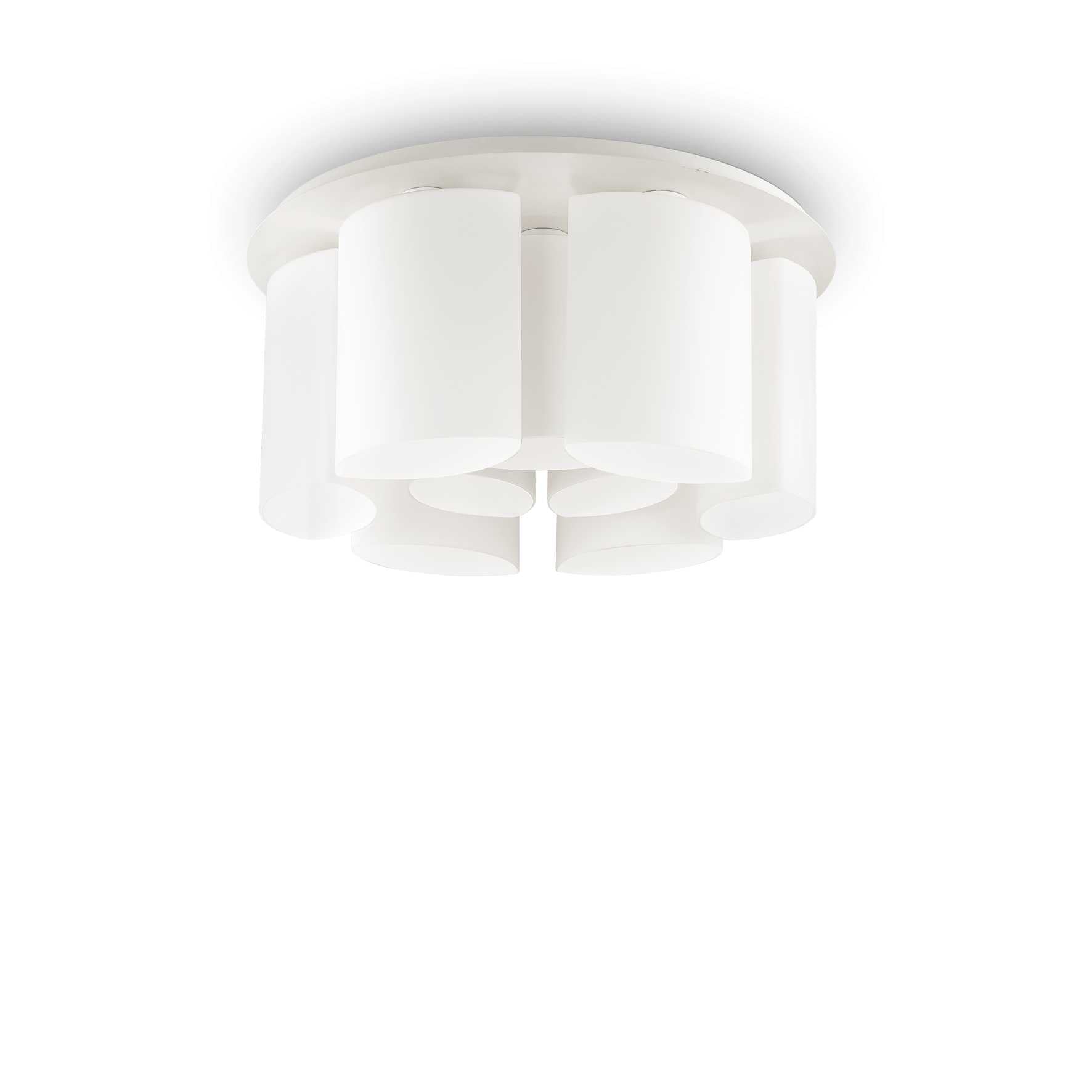 Ideallux Deckenleuchte Almond ceiling light with 9 dimmable white matt metal and blown glass lampshades, Ø75cm.