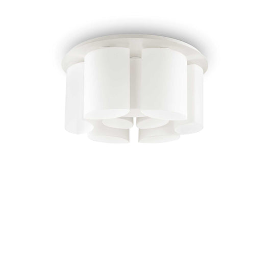 Ideallux Deckenleuchte Almond ceiling light with 9 dimmable white matt metal and blown glass lampshades, Ø75cm.