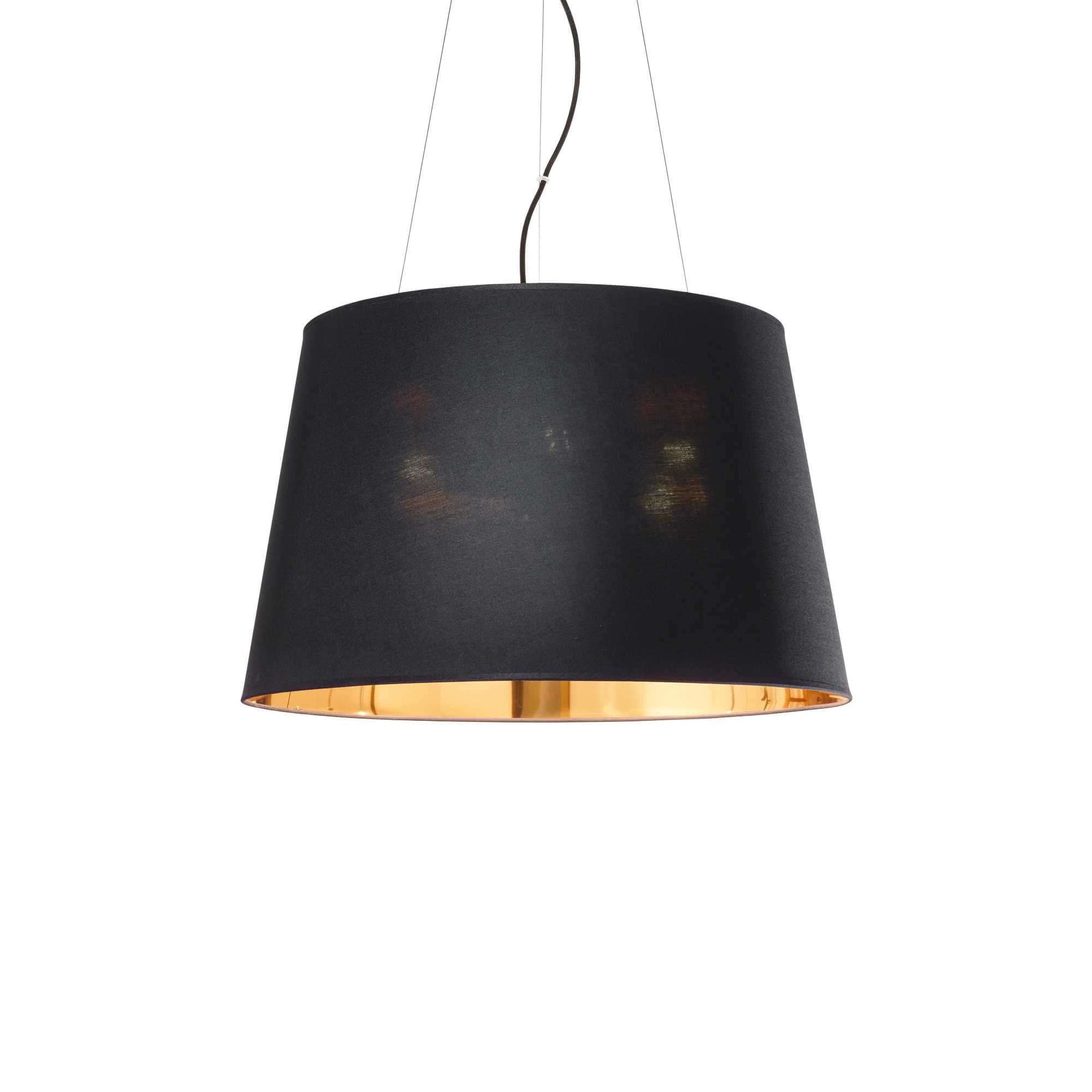 Ideallux Nordik 5 light pendant, black metal frame with gold PVC and fabric shade, dimmable, adjustable height.