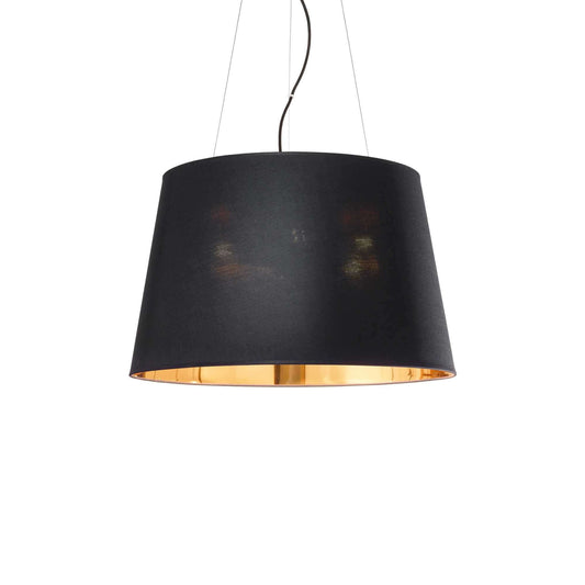 Ideallux Nordik 5 light pendant, black metal frame with gold PVC and fabric shade, dimmable, adjustable height.
