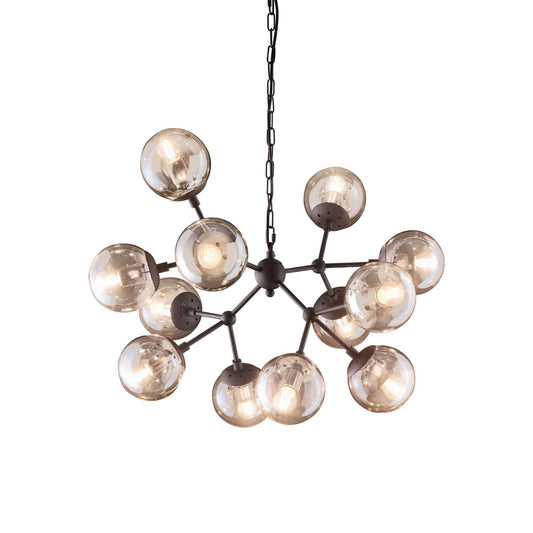 Ideallux KEPLER 12-light pendant lamp with matte black metal frame and amber glass diffusers, adjustable height, dimmable, 75cm diameter.