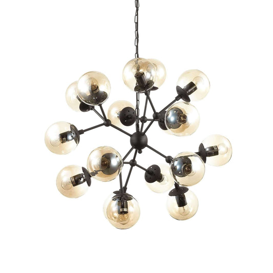 Ideallux KEPLER pendant light with 18 dimmable E27 bulbs, black matte metal frame, amber glass shades, adjustable height, diameter 69cm.
