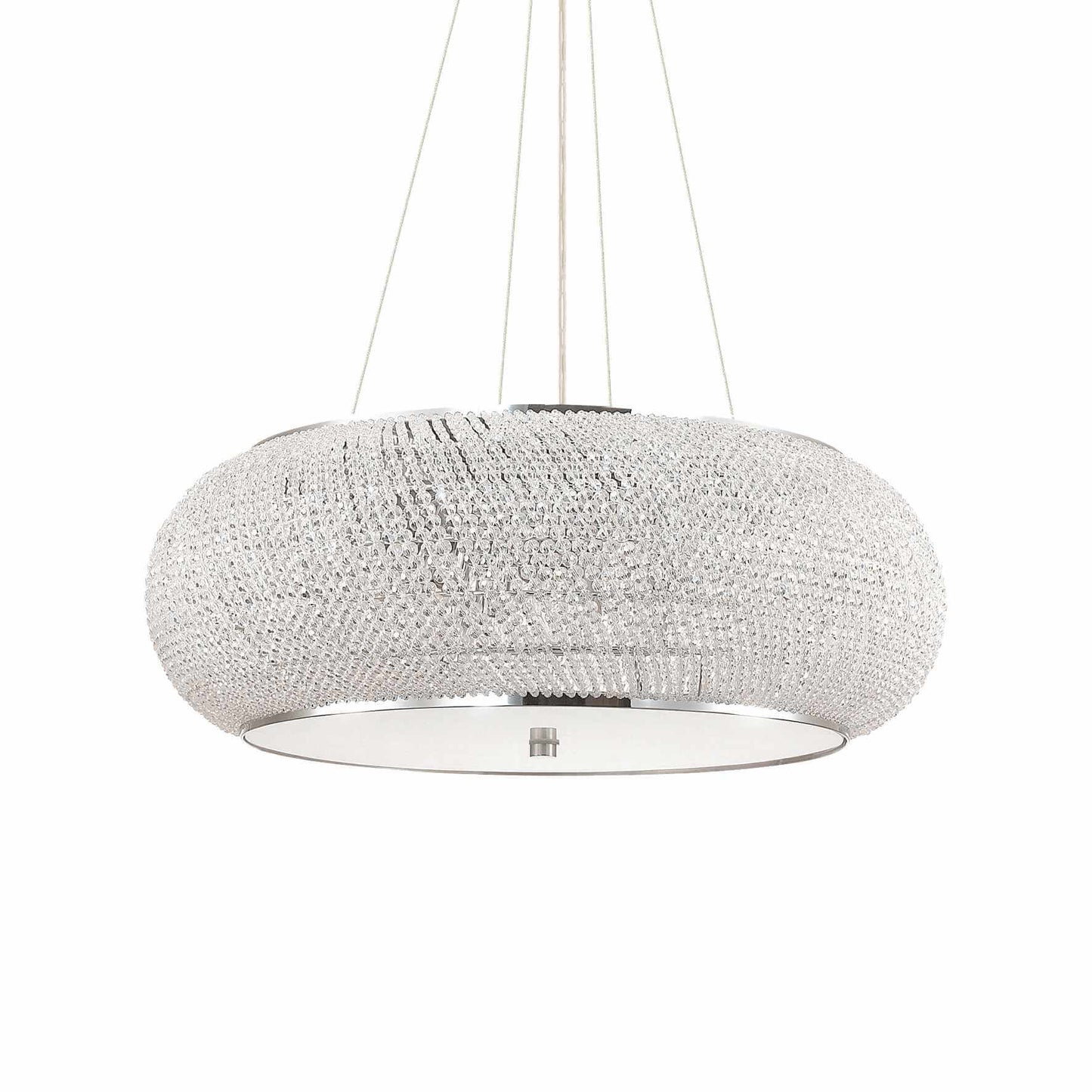 Ideallux Pendelleuchte PASHA' with 14 lights, silver finish, featuring metal frame and crystal bead strands, adjustable height.