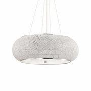 Ideallux Pendelleuchte PASHA' with 14 lights, silver finish, featuring metal frame and crystal bead strands, adjustable height.