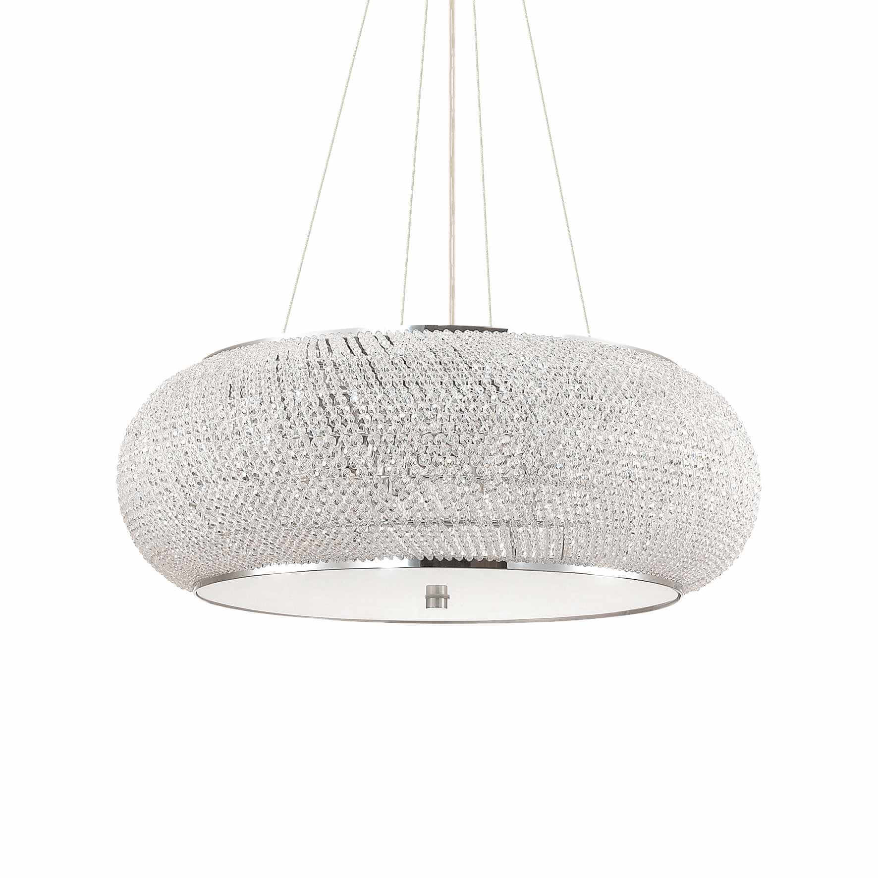 Ideallux Pendelleuchte PASHA' with 14 lights, silver finish, featuring metal frame and crystal bead strands, adjustable height.