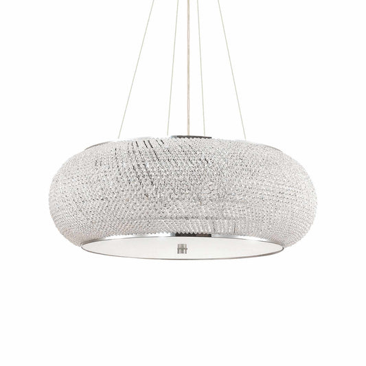 Ideallux Pendelleuchte PASHA' with 14 lights, silver finish, featuring metal frame and crystal bead strands, adjustable height.
