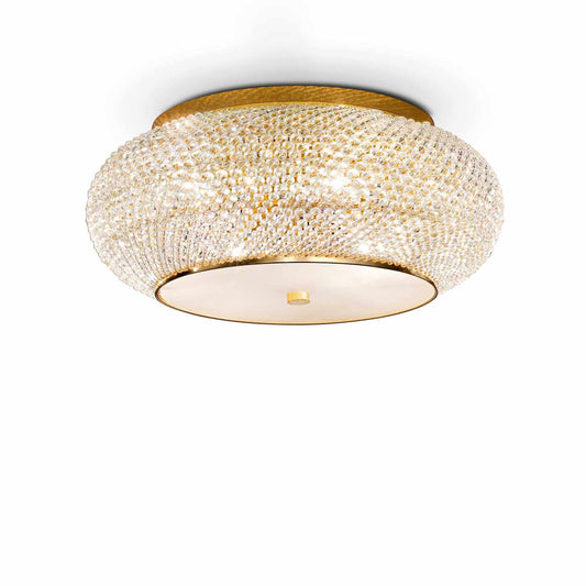 Ideallux Deckenleuchte PASHA' 14 Flammig Gold, dimmbar, mit Kristallperlen und messingfarbenem Metallrahmen, Ø65cm, 28cm Höhe