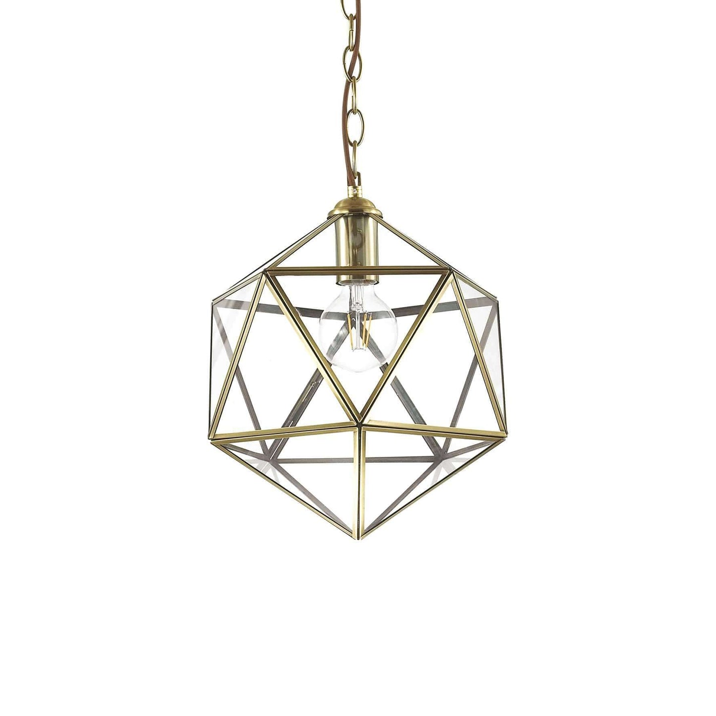 Ideallux Pendelleuchte DECA klein, dimmable pendant light with geometric brass frame and clear glass, ideal for modern interiors.