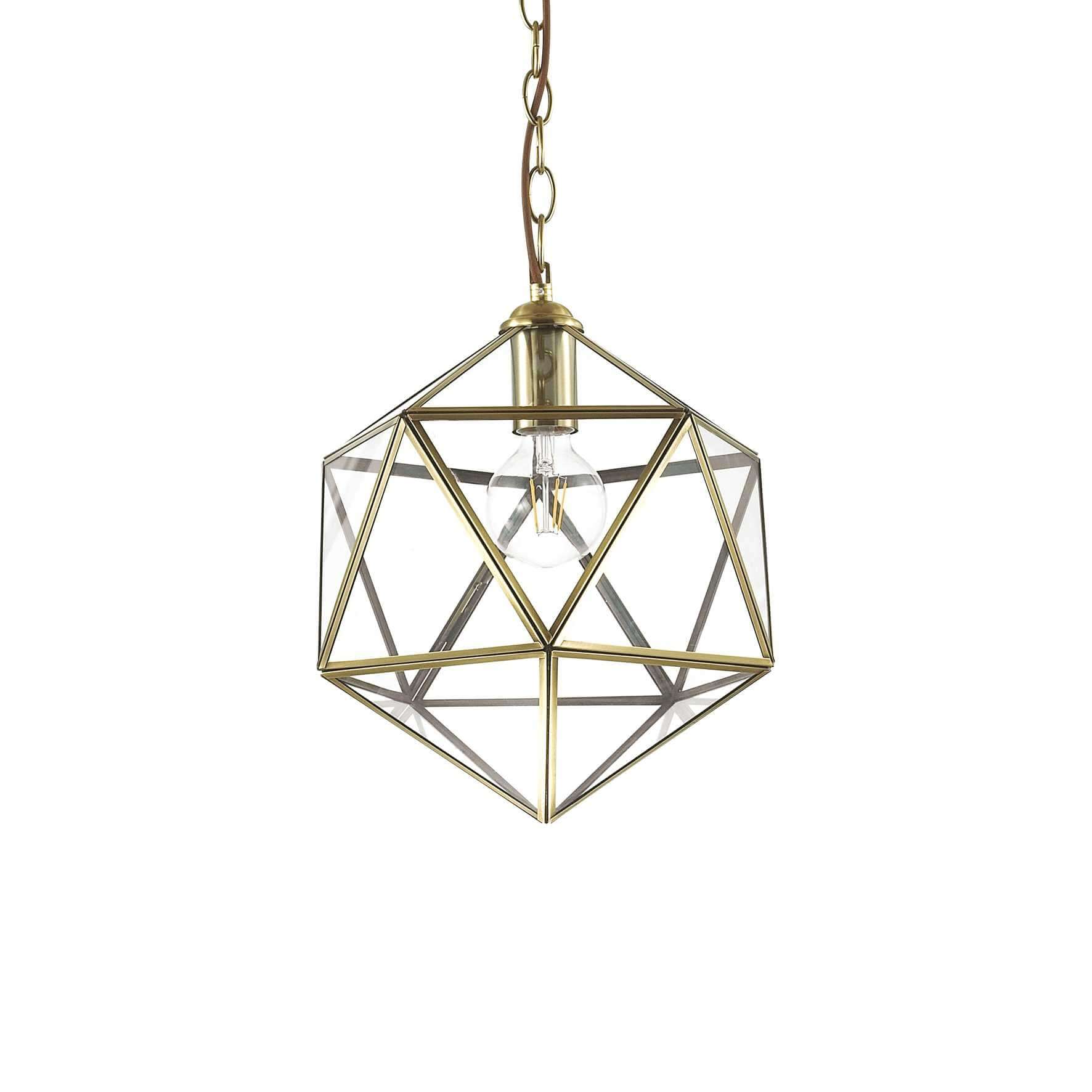 Ideallux Pendelleuchte DECA klein, dimmable pendant light with geometric brass frame and clear glass, ideal for modern interiors.