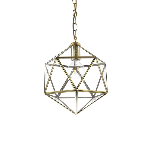 Ideallux Pendelleuchte DECA klein, dimmable pendant light with geometric brass frame and clear glass, ideal for modern interiors.