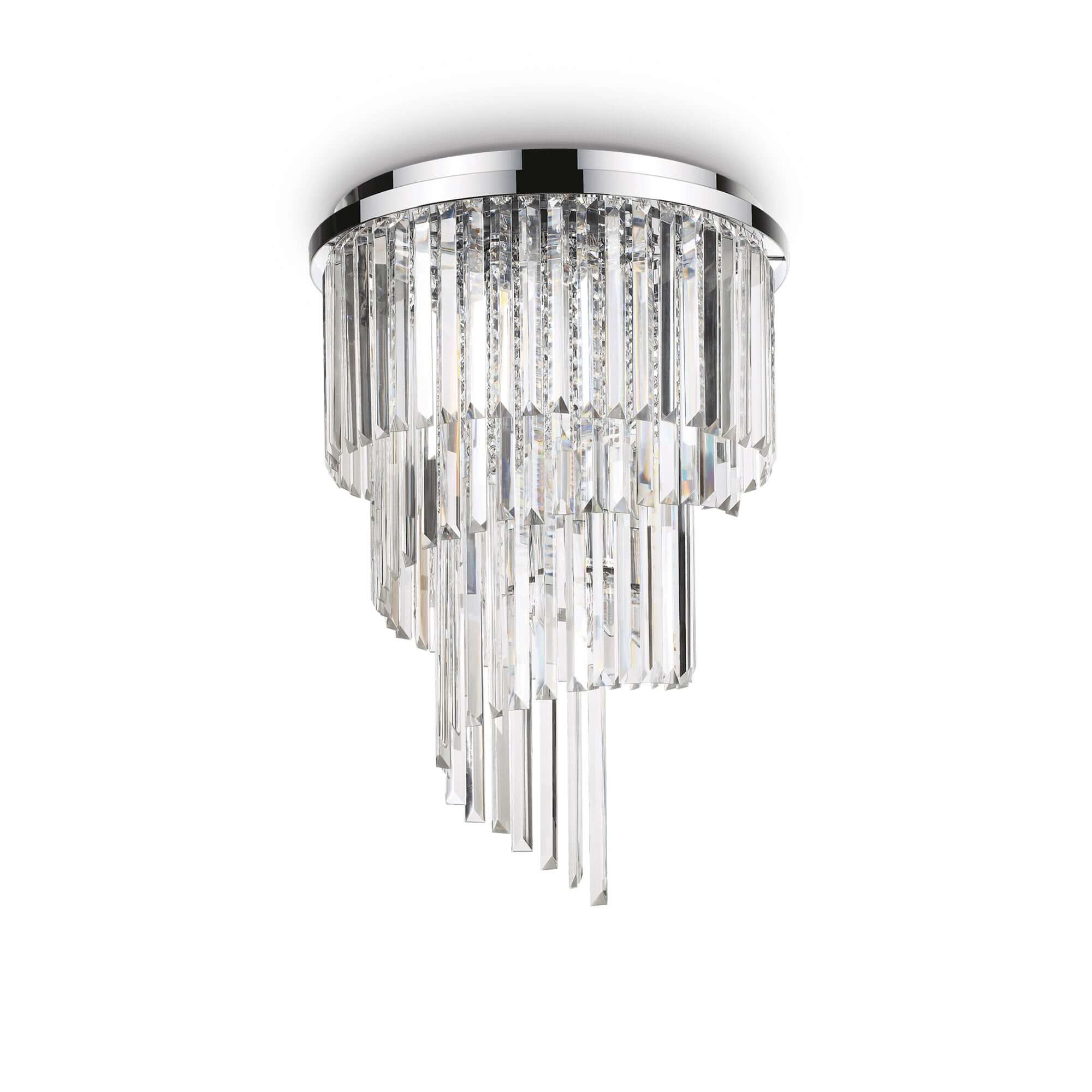 Elegant Ideal Lux Carlton pendant light with 40cm diameter, featuring sparkling cut crystals, chrome metal finish, and dimmable function.