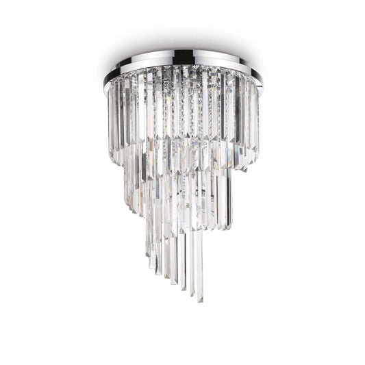 Elegant Ideal Lux Carlton pendant light with 40cm diameter, featuring sparkling cut crystals, chrome metal finish, and dimmable function.