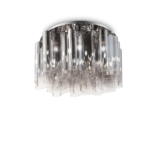 Deckenleuchte COMPO with smoke-colored glass, dimmable, Ø56cm, height 35cm, chrome/metal finish, suitable for LED or halogen bulbs.