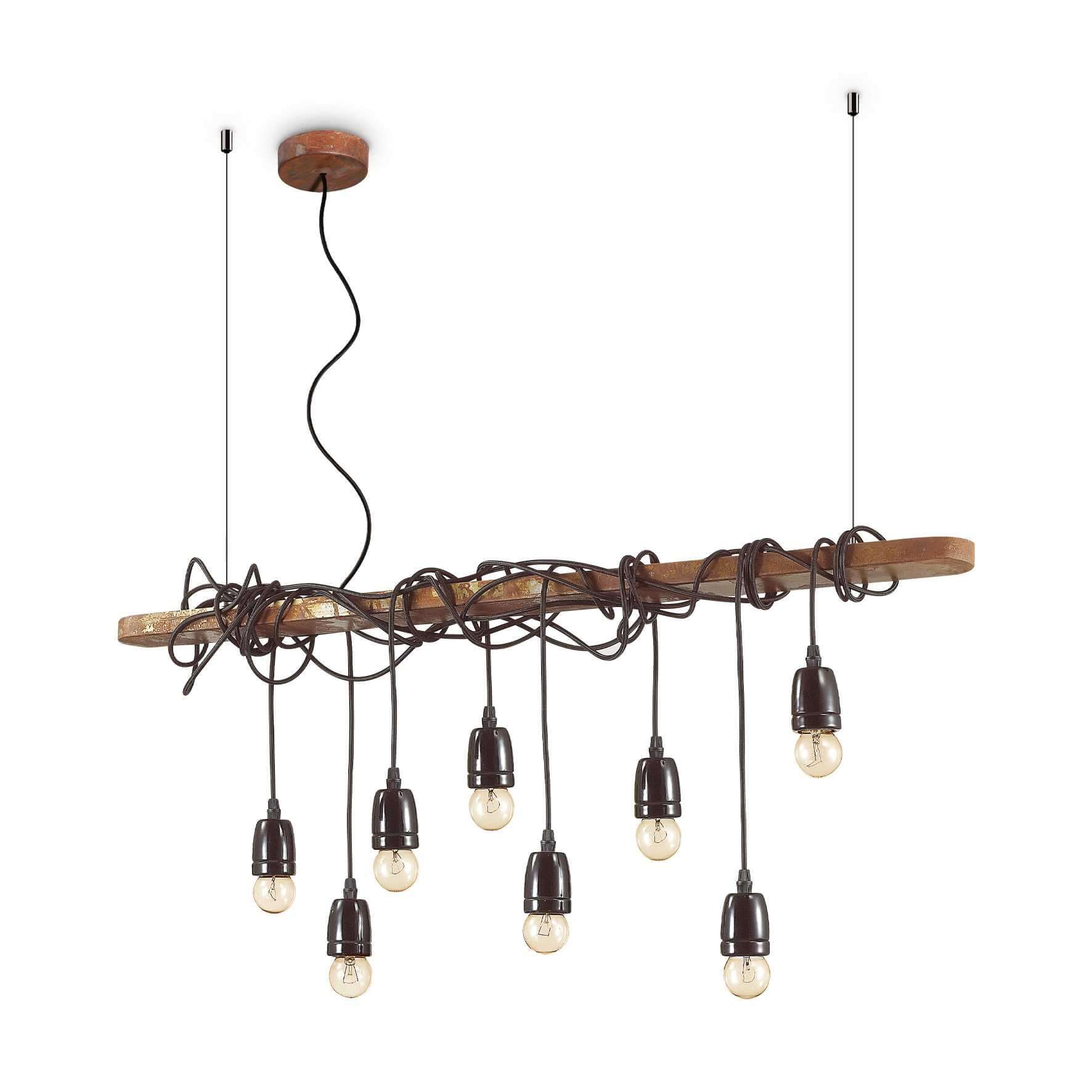 Ideallux Electric 8-light pendant lamp with metal and ceramic design, featuring adjustable cords and dimmable bulbs.