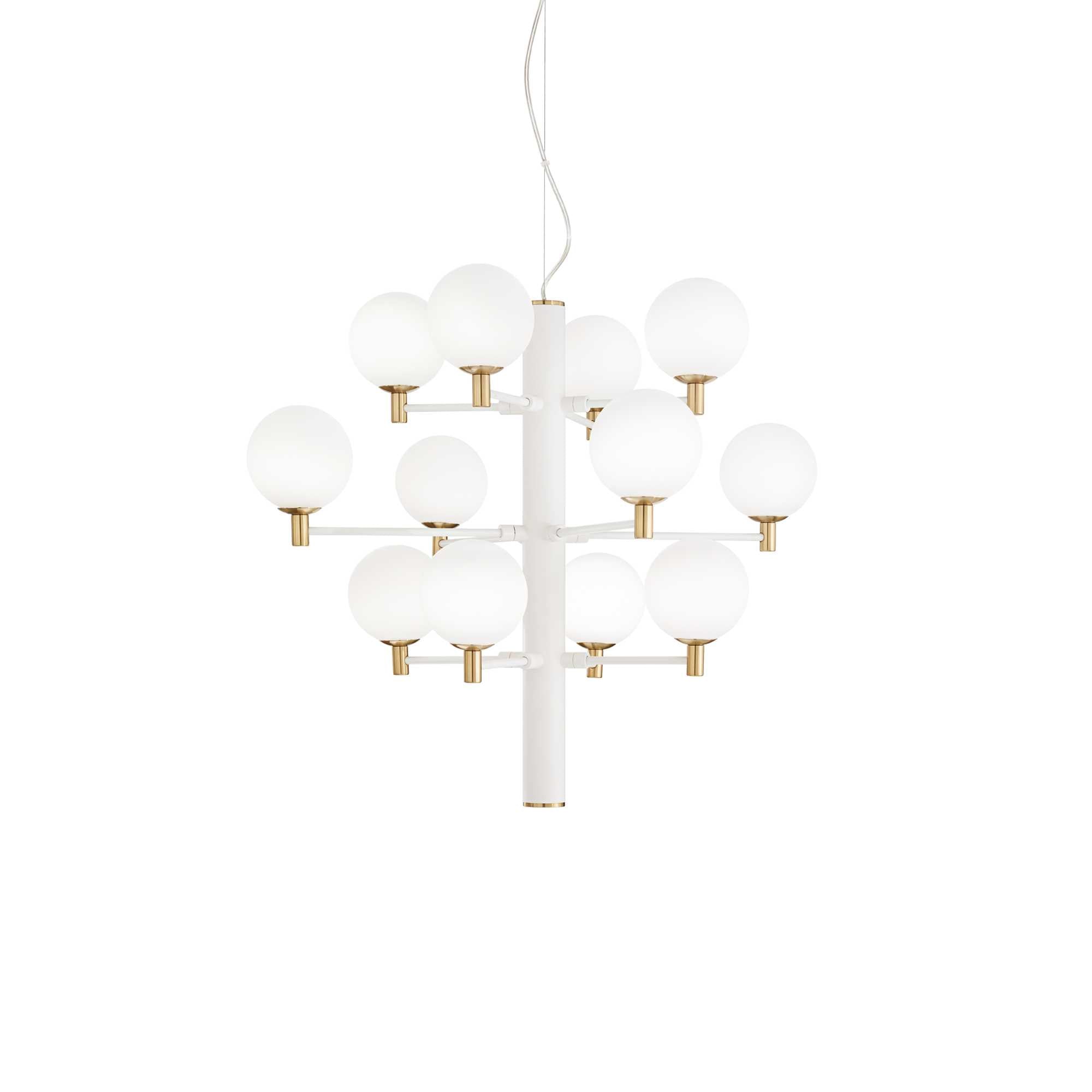 Ideallux COPERNICO 12-light white pendant lamp with adjustable height, matte metal frame, glass diffusers, and brass details.