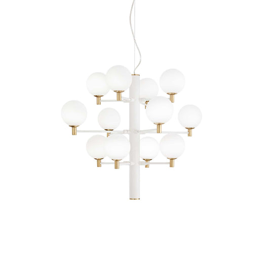 Ideallux COPERNICO 12-light white pendant lamp with adjustable height, matte metal frame, glass diffusers, and brass details.