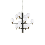 Ideallux COPERNICO 12-light black pendant lamp with adjustable height and glass diffusers, featuring dimmable G9 sockets.