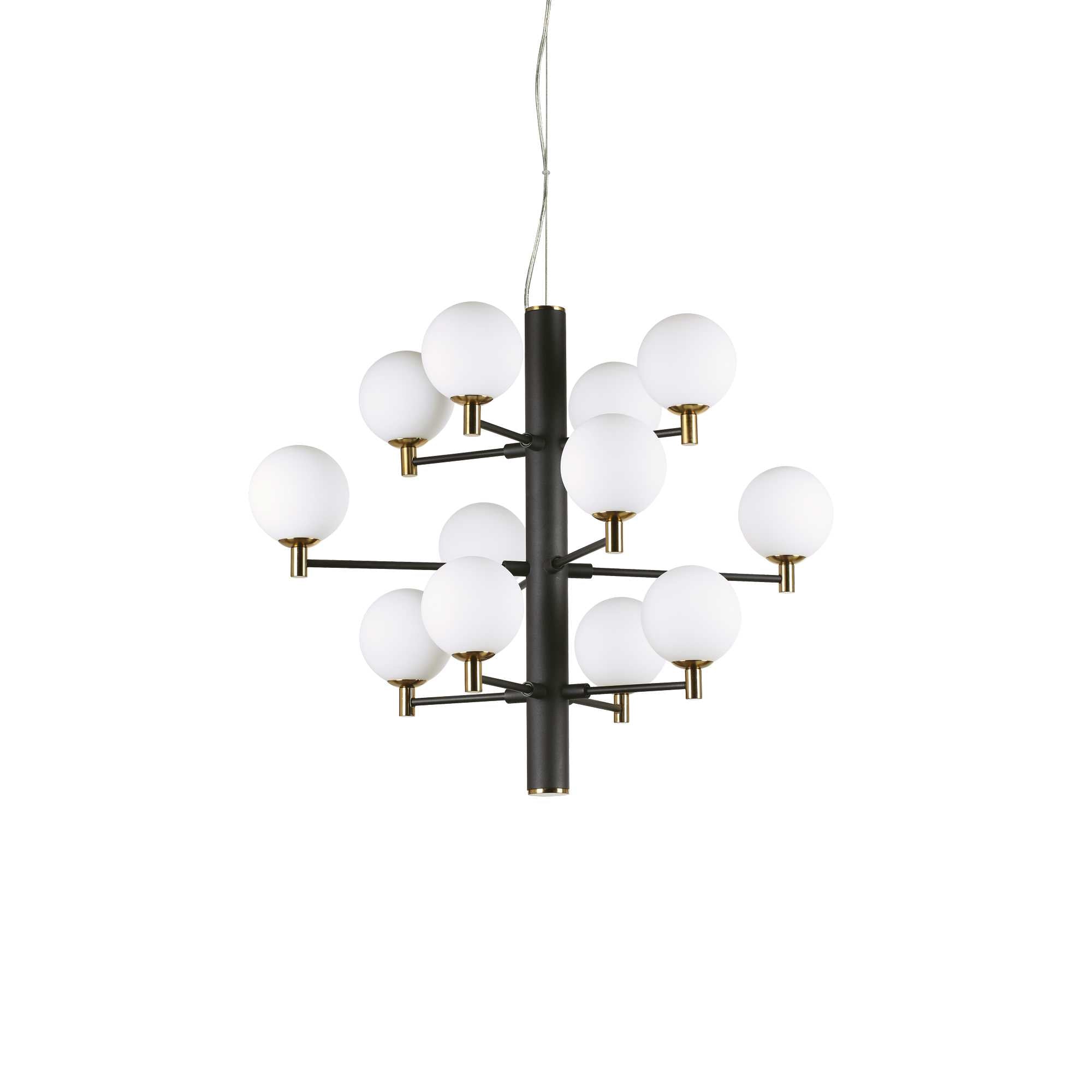 Ideallux COPERNICO 12-light black pendant lamp with adjustable height and glass diffusers, featuring dimmable G9 sockets.
