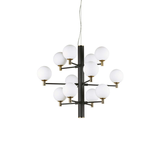 Ideallux COPERNICO 12-light black pendant lamp with adjustable height and glass diffusers, featuring dimmable G9 sockets.